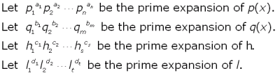 prime factorizations of h, l, p(x), q(x)